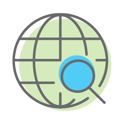 Icon of a magnifying glass looking at a globe symbolizing SEO
